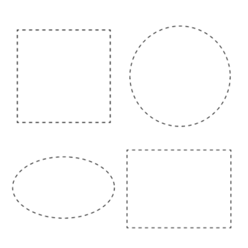 Dotted shapes of a square, circle, oval and rectangle